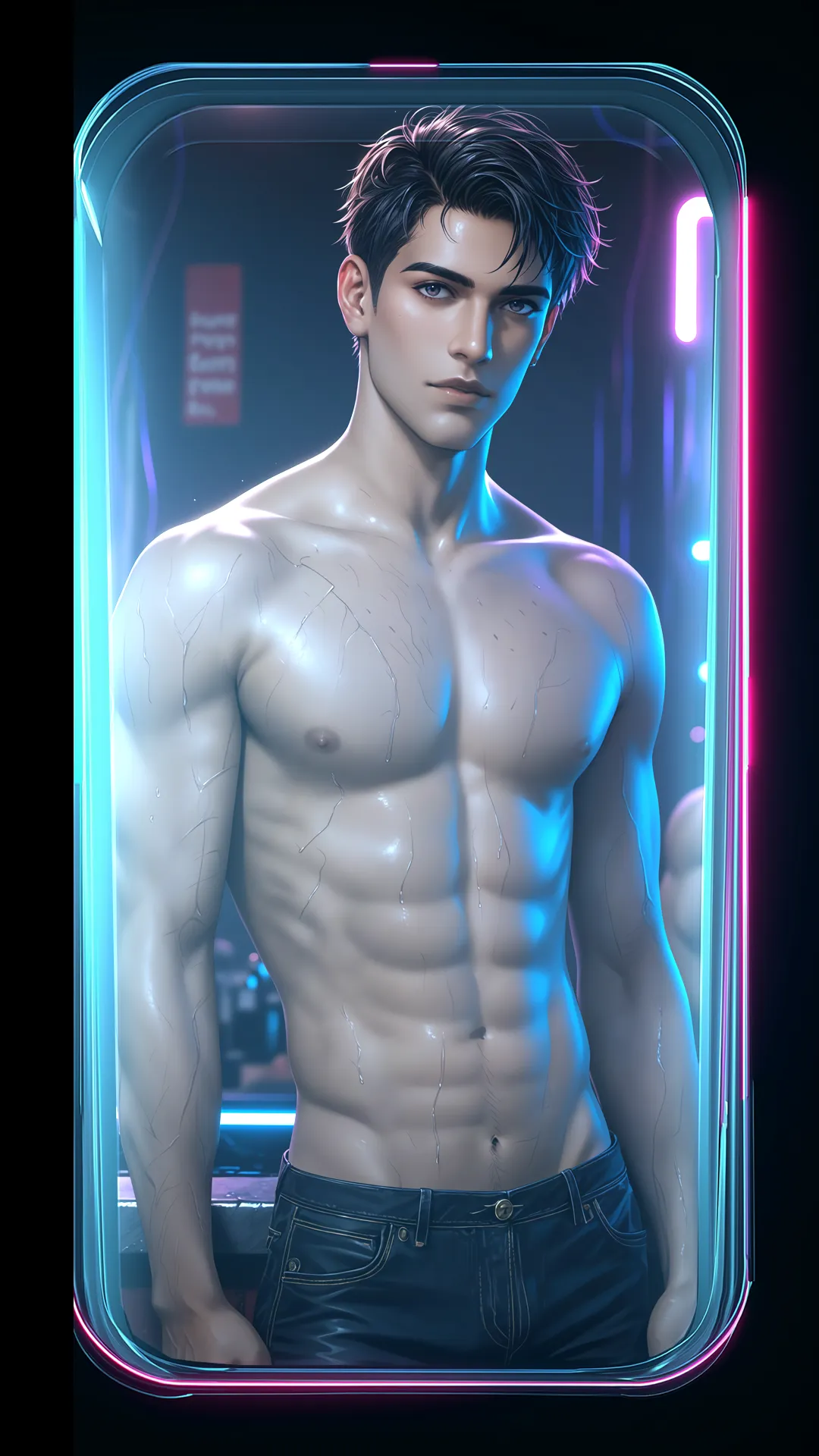 AI fantasy generator – muscular dark-haired male virtual companion shirtless in jeans, glowing cyberpunk capsule