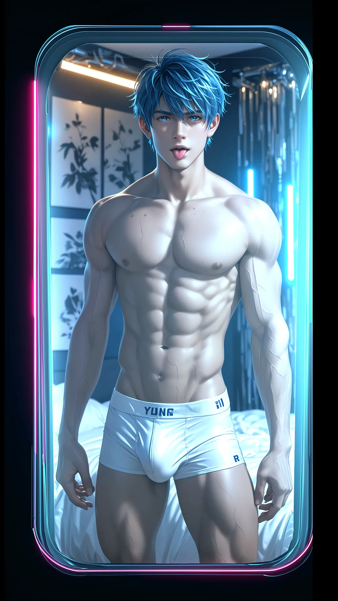 AI erotic content – toned blue-haired male virtual companion in white briefs inside futuristic neon pod