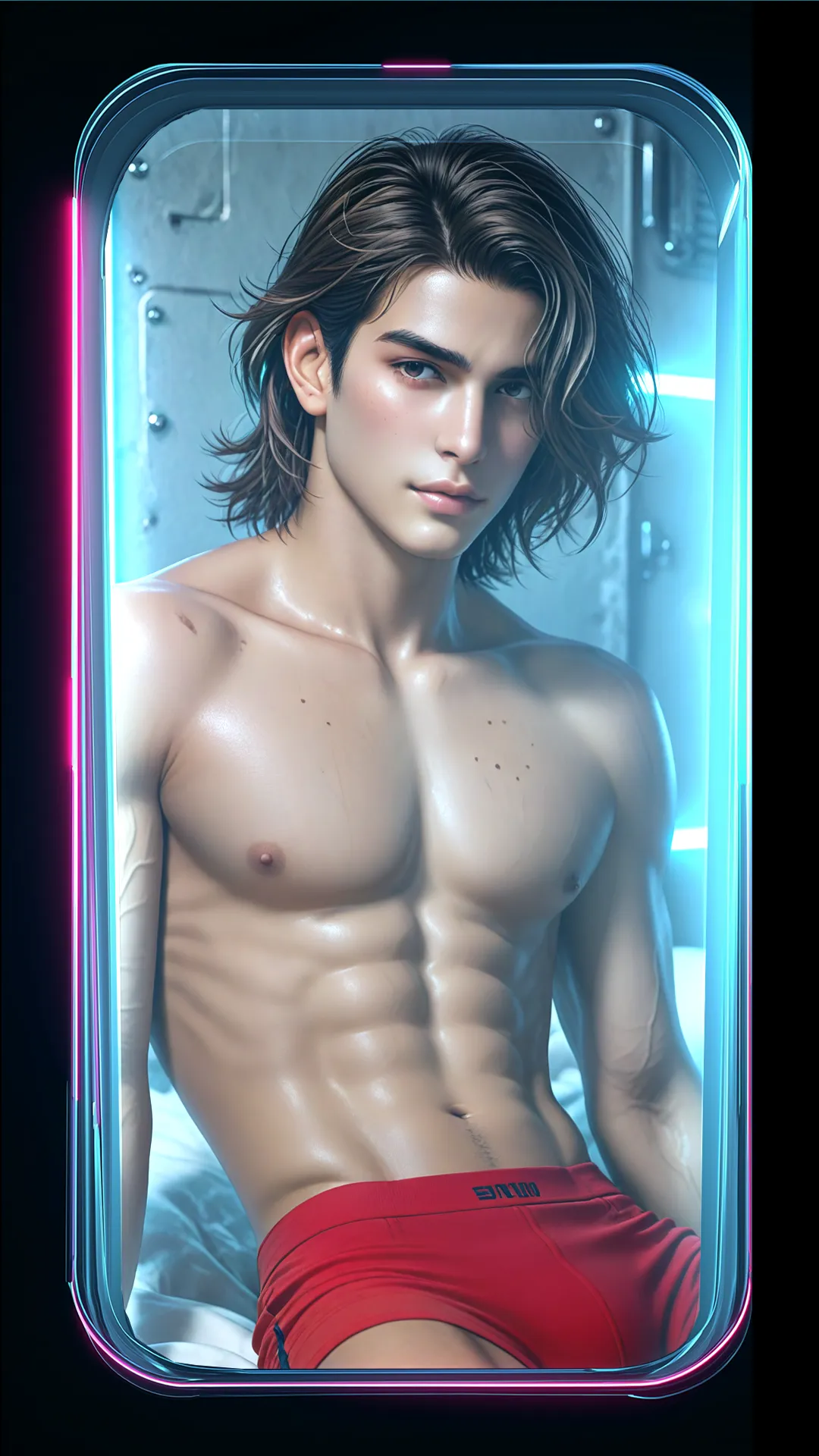 AI erotic generator – athletic male virtual companion with shaved head wearing silver boxer briefs in neon-lit pod
