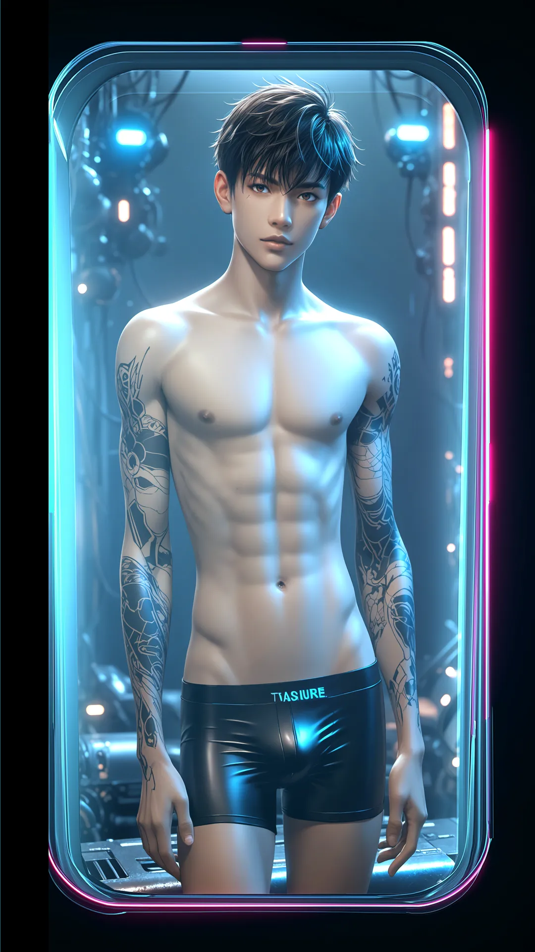 Custom fantasy – slim tattooed male virtual mate wearing black briefs amid blue cyberpunk lighting