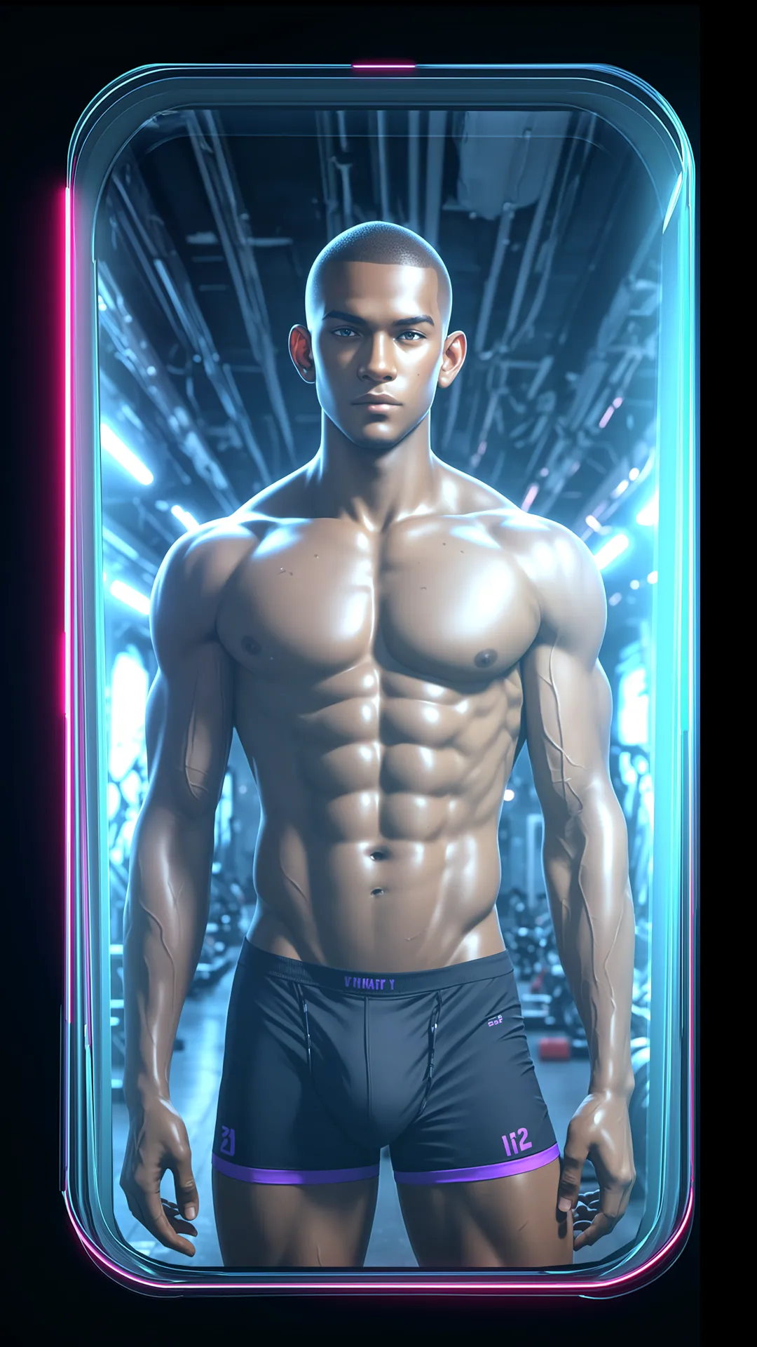 Ethical porn – muscular buzz-cut male with dark complexion standing in sci-fi pod corridor